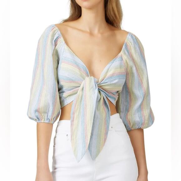 Moon River Tie Front Balloon Sleeve Top - Picture 1 of 8